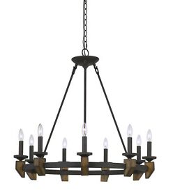 Bm241102 9 Bulb Round Metal Chandelier With Candle Lights And Wooden Accents Black