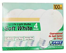 Feit Electric 100a/w A19 E26 Base Bulb Soft White 100 Watt 4 Pk Long Life Light Bulbs