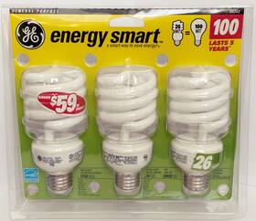 Ge 043168002622 Energy Smart 100w Equivalent Cfl 3 Pack Light Bulbs 26w 1750 Lumens 8000 Hour