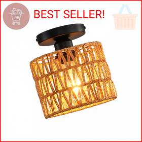 Kenmi 782097430297 Ceiling Light Fixture Hand-woven Rattan Flush Mount Farmhous