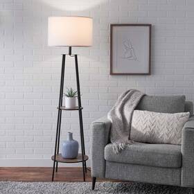 Mainstays 764878621568 Etagere Matte Floor Lamp 2 Wood Shelves Lampshade Black