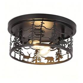 Mx-70042-b-round-1p Merexcint Rustic Farmhouse Flush Mount Ceiling Light 2-light Metal Round-1pack Black