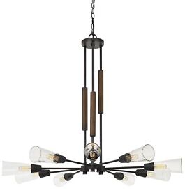 Bm241041 Metal Chandelier With Spoke Design Glass Shade And Wooden Accent Black