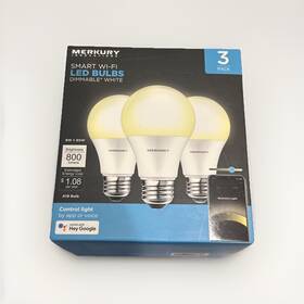 White 194383006657 New Merkury Innovations Dimmable Smart Wi-fi Led A19 Light Bulbs 3-pack
