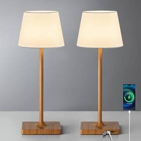 Amz-tbl-007-fw-2 Zhongshan Cook Lighting Co. Ltd. Cordless Touch Table Lamp Set Of 2 Wood Grain White Fabric Lampshde Pack
