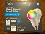 Ge Cync Full Color Direct Connect Smart Bulbs, 2 Pack, Led, A19 Works With Alexa. Fixed Price $16.00.