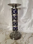 Vintage Cobalt Blue Cage Glass Pillar Candle Holder 12" Pewter Read / See Photos. Fixed Price $50.00.