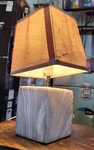 Simple Designs Petite Marbled Ceramic Table Lamp With Beige Fabric Shade. Fixed Price $35.00.