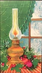 Vtg Christmas Greeting Card Hurricane Lantern Burning Holly Ornies Storm Outside. Fixed Price $6.00.