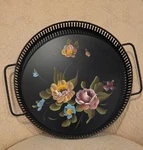 Fine Arts Studio Painted Metal Floral Round Serving Tray Black, Handles 12". Fixed Price $35.00.