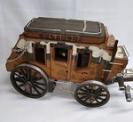 Vtg Stagecoach Large Lamp Wooden Western Covered Wagon Wired Light Leather Scene. Fixed Price $99.99.