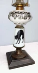 "the Black Cat" Antique Victorian Milk Glass Iron Base Oil Lamp. Fixed Price $110.00.
