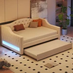 Upholstered Bed With Led Strip Lighting And Casters, Featuring Foam Padding. Fixed Price $418.00.