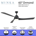 Minka Ormond 60" 3-BLADE Matte Black Ceiling Fan W/ Led Light & Remote 84051. Fixed Price $188.99.