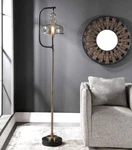 Antique Style Industrial Warehouse Floor Lamp Amber Glass Shade Uttermost 28193. Fixed Price $530.40.