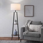 Mainstays 62" Etagere Floor Lamp Matte Black With Wood Shelves And Led Bulb. Fixed Price $77.94.