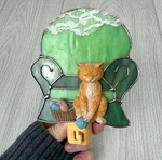 Stained Glass Cat Night Light Wall Plug-in, Green Chair Orange Basket Yarn. Fixed Price $24.99.