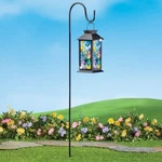 Solar Lighted Stained Glass Look Butterfly Garden Lantern W/ Shepherd's Hook. Fixed Price $27.95.