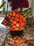 Vtg Tiffany Style Stained Glass Tropical Fish Table Lamp With Bulb Waves Base. Fixed Price $88.99.