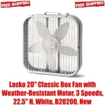 Lasko 20" Classic Box Fan With Weather-resistant Motor, 3 Speeds, 22.5" White. Fixed Price $20.94.