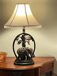 Vintage 25 Elephant & Palm Tree Shaded Table Lamp Ornate Carved Details. Fixed Price $75.00.