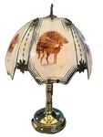 Vtg Ok Lighting 3-WAY Touch Table Lamp Brass Base Glass Panels Deer Forrest. Fixed Price $249.99.