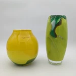 Set Of 2 Vases - Studio Hand Blown Art Glass Green Yellow Signed. Fixed Price $42.00.