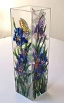 Joan Baker Iris Dragonfly Butterfly Hand Painted Glass Vase 10" Stain Look. Fixed Price $24.99.