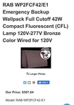 Rab Full Cutoff Wallpack 42W Cfl Emergency Battery Backup WP2FCF42/E1/PC. Fixed Price $321.00.