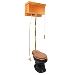 Light Oak High Tank Z-pipe Toilet With Elongated Black Bowl Renovators Supply. Fixed Price $1319.99.