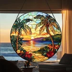 Beach Sunset Stained Glass Suncatcher, Ocean Window Hanging, Summer. Fixed Price $21.59.