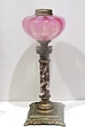 French Victorian Cranberry Opalescent Oil Lamp Marble / Brass Ornate 1890'S. Fixed Price $95.00.