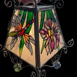 Vtg Stained Painted Glass Suncatcher Lantern Shade Wirework Floral Dragonfly. Fixed Price $24.00.