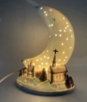 Crescent Moon Ceramic Night Light Lamp Baby Blue Church Star Community Scene. Fixed Price $24.00.