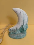 Ceramic Crescent Moon Night Light Corded Plug-in Switch Blue White Painted. Fixed Price $45.00.
