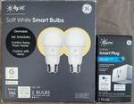 3-ITEMS, New Ge Cync Smart Wi-fi Plug + 2 By Bulbs Led A19 Soft White. Fixed Price $34.94.