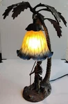 Boy Under Palm Tree W/fishing Pole Tropical Brass Lamp With Art Glass Bell Shade. Fixed Price $55.00.