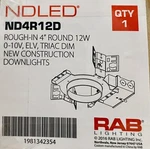 Rab Lighting ND4R12D Rough-in Downlight 4" Round 12W Triac Dim New Construction. Fixed Price $22.99.