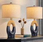 Hamucd Set Of Blue Boho Rattan Table Lamps 21" Coastal Beach Bedroom Light. Fixed Price $99.00.