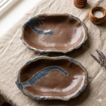 Studio Pottery Dm Signed Brown Blue Drip Glaze Scalloped Oval Trays Set Of 2. Fixed Price $49.99.