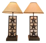 Set Of 2 Rustic Western Triple Lone Stars Wood And Metal Bedside Table Lamps. Fixed Price $259.99.