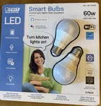 Feit Electric 60W Smart Wi-fi Led Color Changing Dimmable Light Bulb White. Fixed Price $19.99.